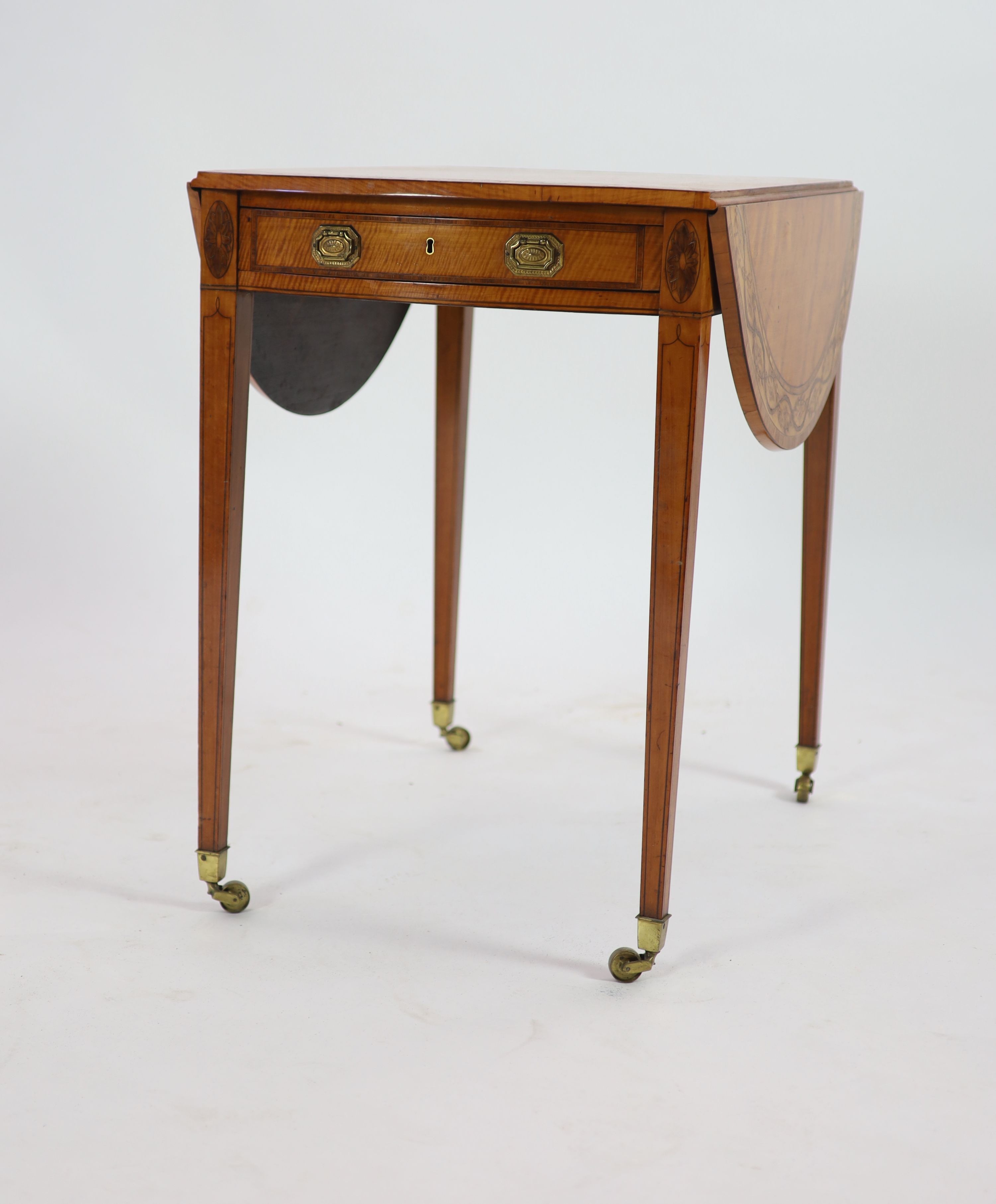 A George III Sheraton style marquetry inlaid satinwood Pembroke table, W 76cm D 52cm H 73cm